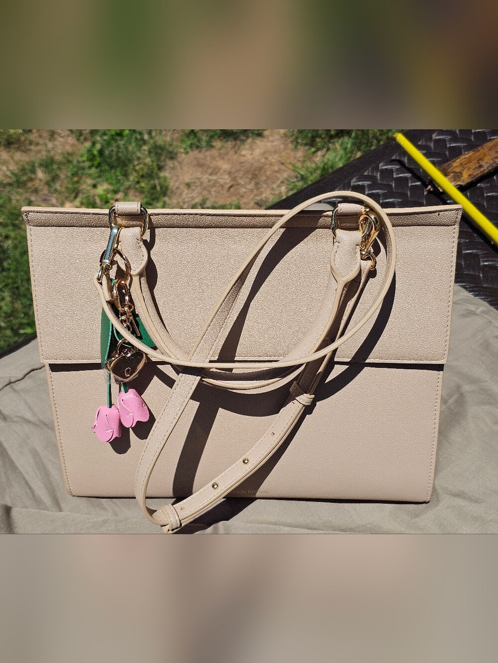 Modern Picnic Large Neutral Beige Satchel with Pink Charm Accent